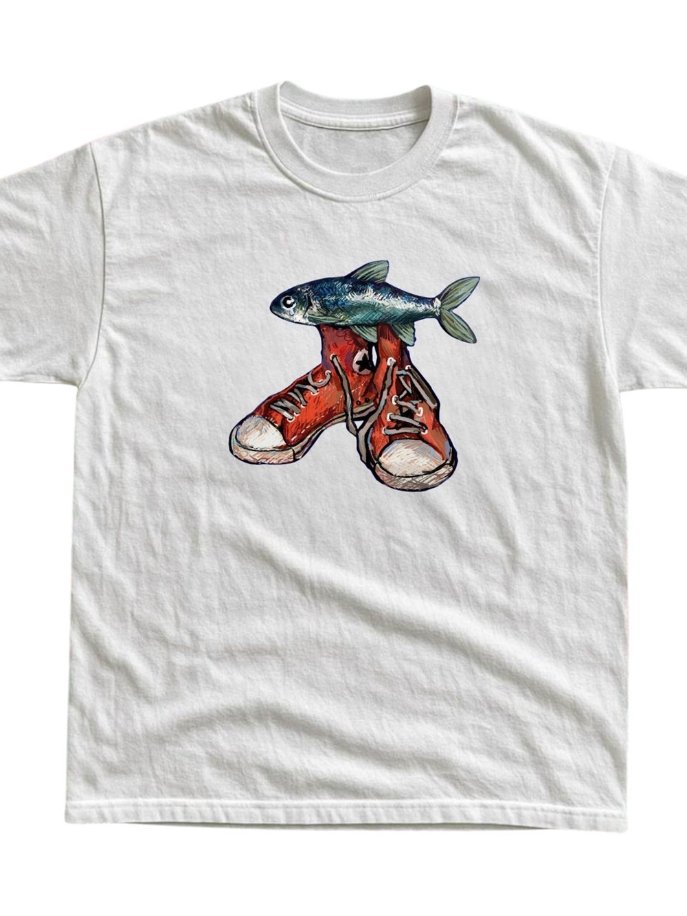 Gildan White Tee with Red Sneakers and Blue Fish Graphic
